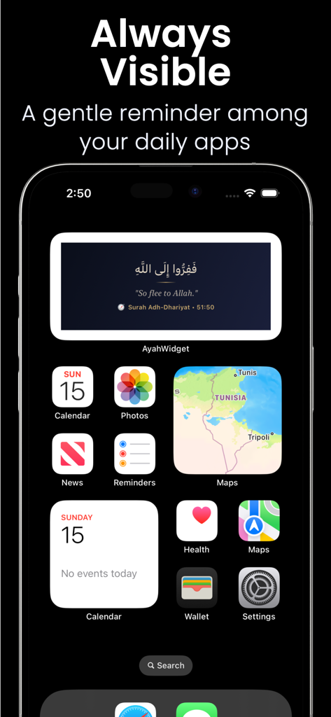 Ayah Widget - Ayah Widget affichant un verset coranique quotidien sur l'écran d'accueil d'un iPhone