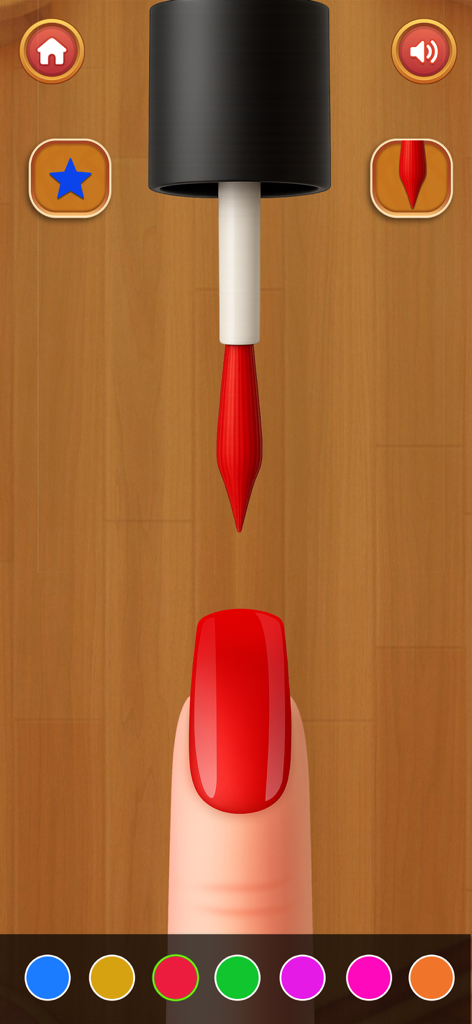 Mini Relaxing Game: Antistress - Virtual nail painting game interface with a red brush and color palette