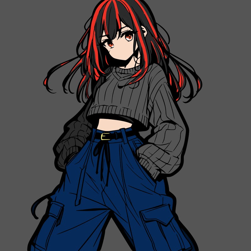 anime teen girl with baggy pants and crop top with sweater