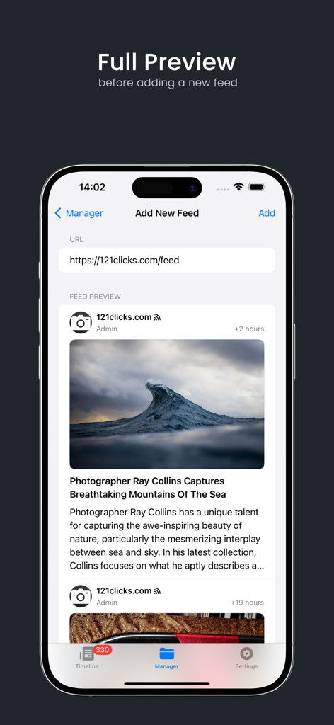 tRSS - Interfaz de la aplicación móvil tRSS mostrando una vista previa completa de un feed RSS antes de agregarlo a la línea de tiempo