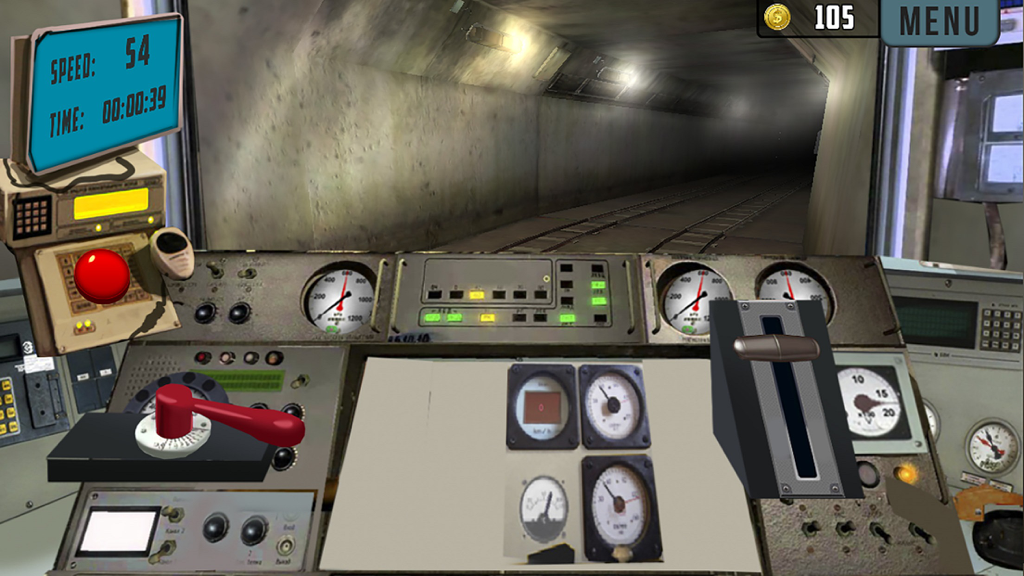 First person driver view from a subway train cockpit showing the dashboard and tunnel tracks