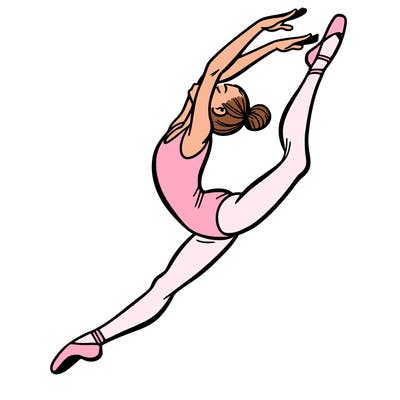 gymnast doing a leap in a leotard with a bent back leg