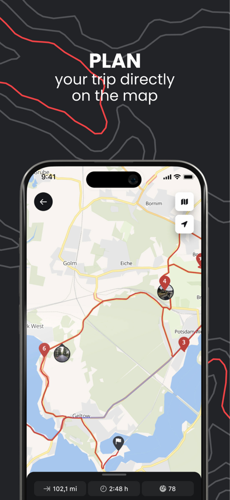 Motorcycle trip planning interface showing a winding route on a map in the calimoto app