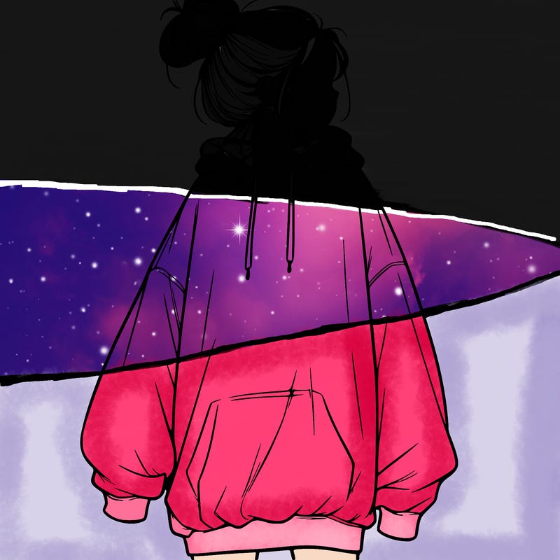 realistic girl with a oversized sweatshirt on and a bun