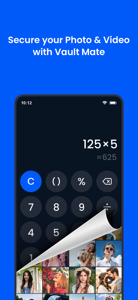 HideU - Calculator Locker - A smartphone screen with a calculator interface peeling back to reveal a hidden photo gallery.