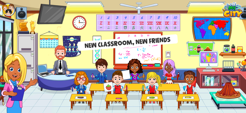 My City : High school - Une salle de classe de lycée de dessin animé avec divers élèves assis à des bureaux et un professeur debout devant.