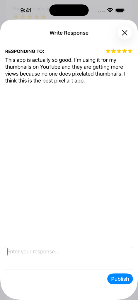 Xreviews - Interface of the Xreviews app showing the screen to write and publish a response to a customer review