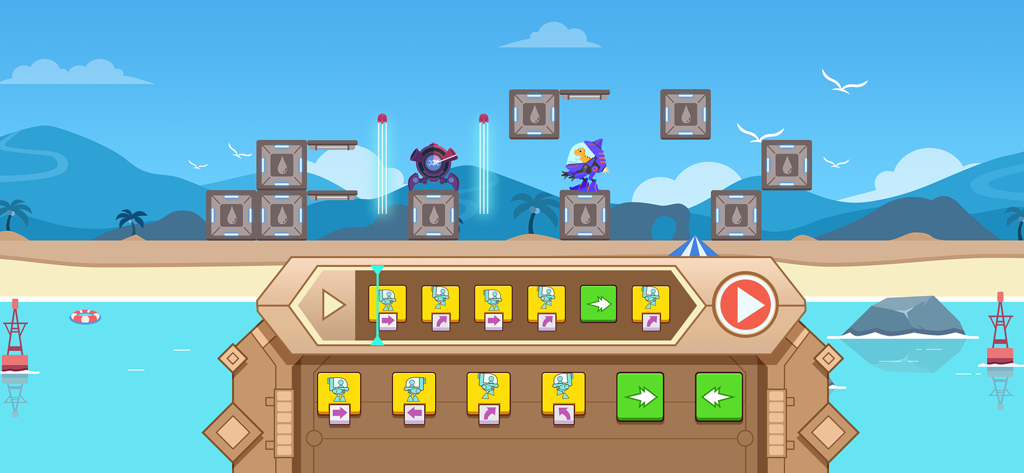 Dinosaure en costume de mécha naviguant dans un niveau avec des blocs de codage visuels