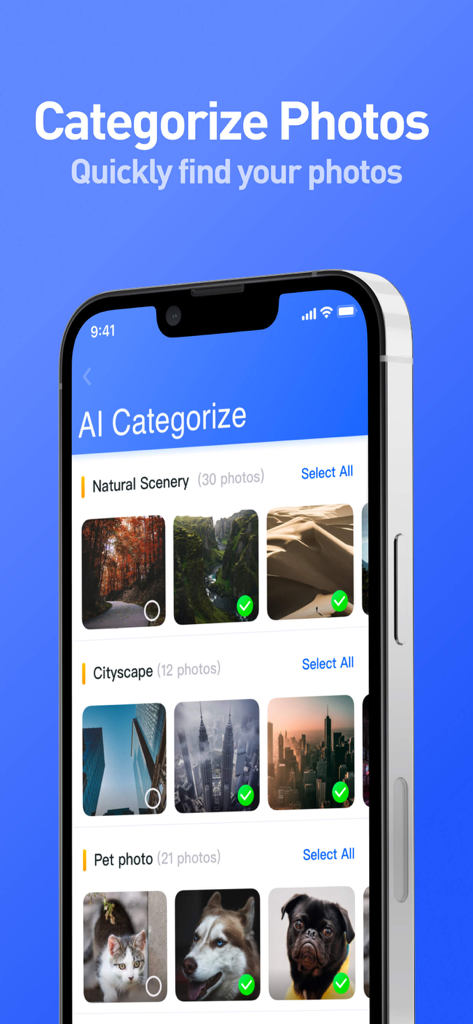 Pantalla de iPhone mostrando la aplicación One Cleaner con categorización de fotos por IA en grupos como paisajes, paisajes urbanos y mascotas.