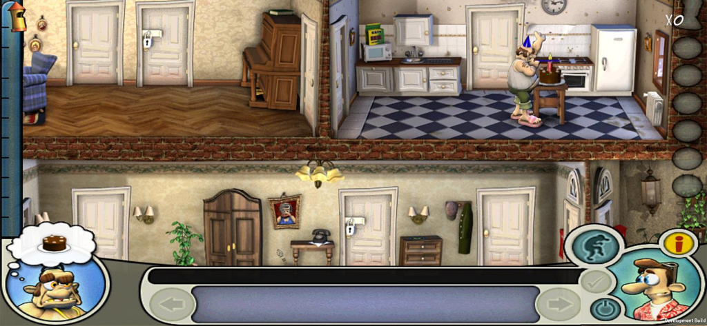 Gameplay screenshot of Neighbours from Hell showing a two story house layout with the neighbor in the kitchen