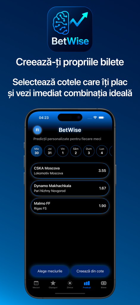 BetWise - BetWise app interface for selecting sports odds and creating custom prediction tickets