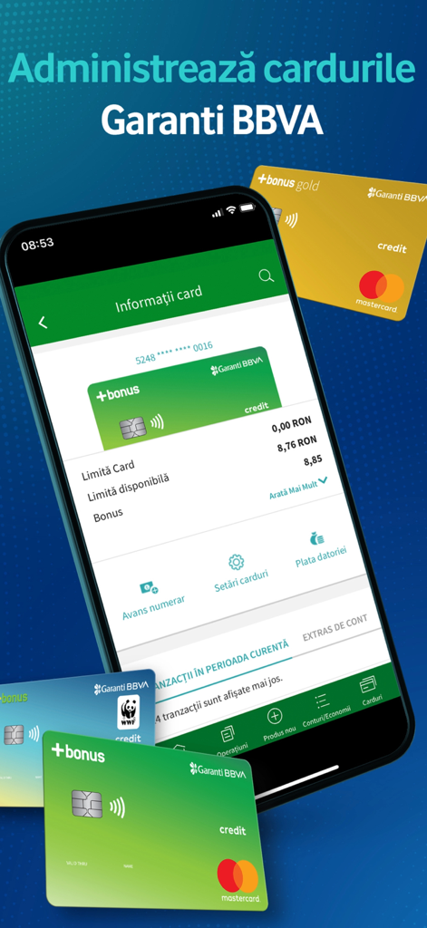 Garanti BBVA Romania - Garanti BBVA Romania app interface showing the Bonus Card management screen