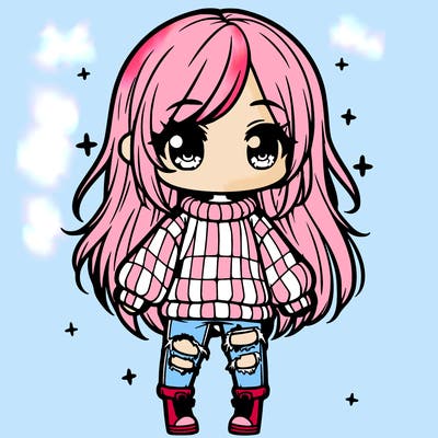 chibi girl with ripped jeans,long hair, and an oversized sweater