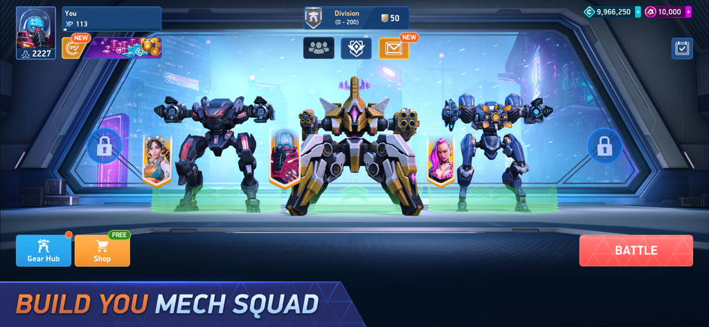 Three customizable combat mechs in the hangar of Mech Arena