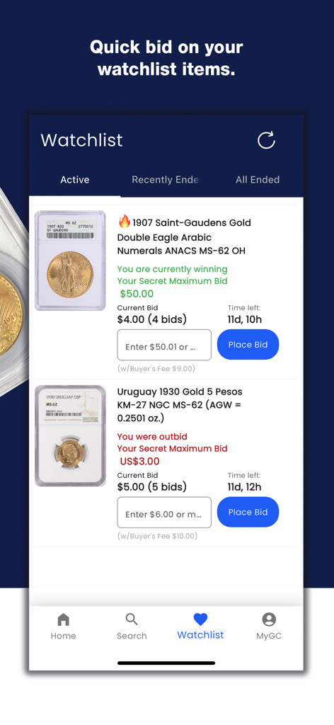 GreatCollections - GreatCollections mobile app watchlist screen with active gold coin auctions