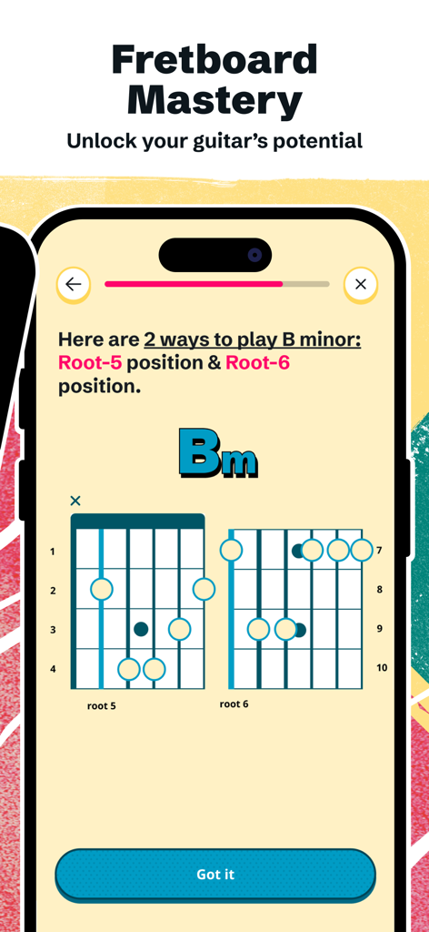 Music Theory by Justin Guitar - A guitar lesson screen in the Music Theory by Justin Guitar app showing two different ways to play the B minor chord on a fretboard