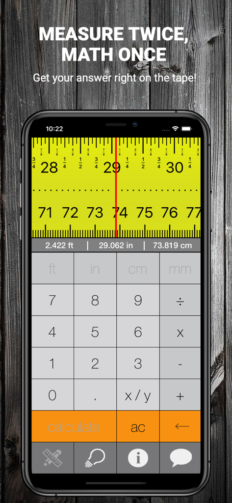 Tape Measure Calculator Pro - Tape Measure Calculator Pro app interface with a visual yellow tape measure and measurement calculation display on a smartphone