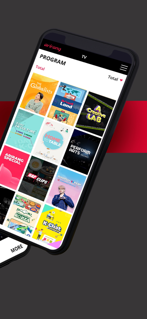 ArirangTV - A mobile screen showing a grid of diverse Arirang TV program tiles including K-pop and culture shows