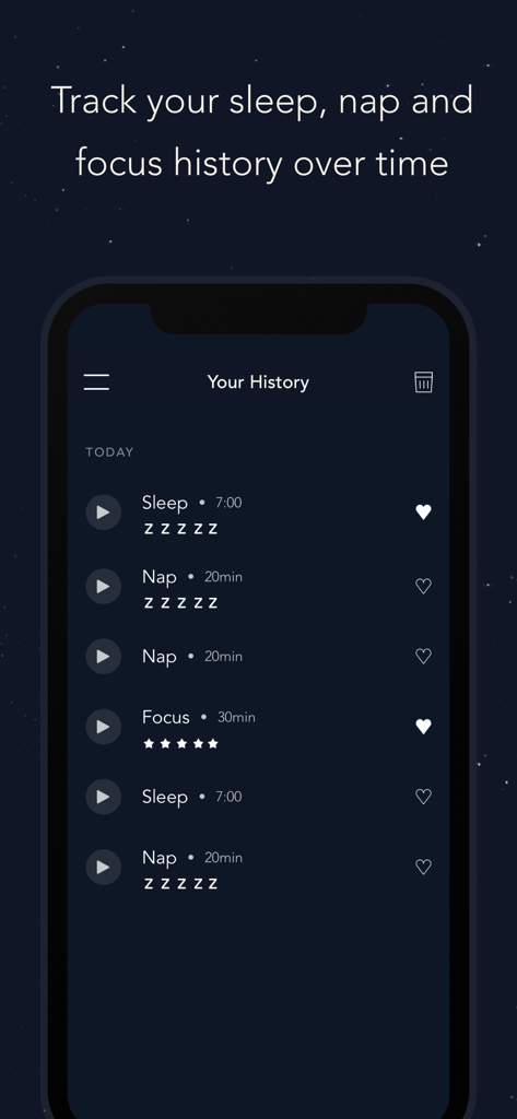 Pzizz - Sleep, Nap, Focus - Interfaz de la aplicación Pzizz que muestra un registro histórico de sesiones de sueño, siestas y enfoque con duraciones