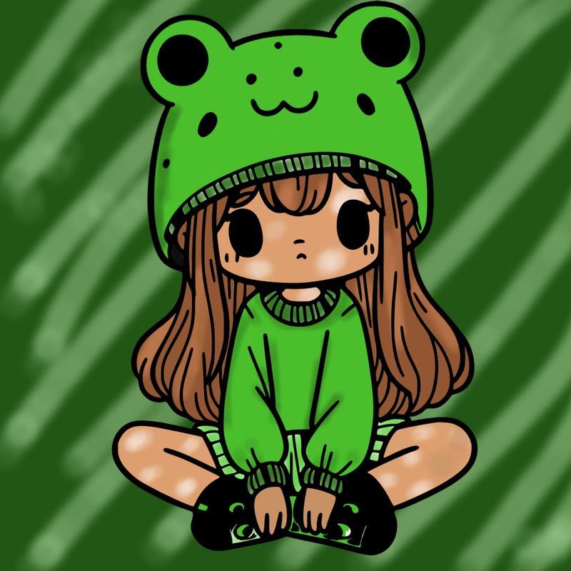a girl wearing a frog hat and some frog socks