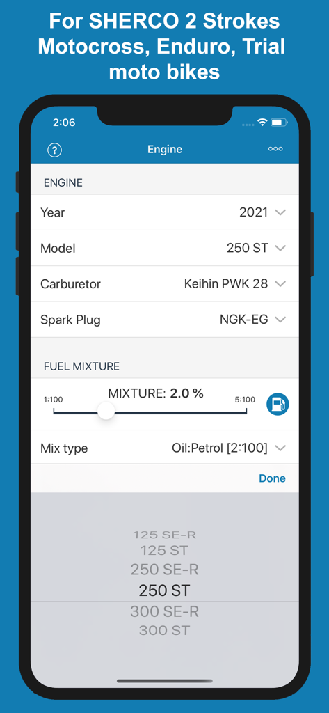 Jetting Sherco 2T Moto Bikes - Pantalla de configuración del motor de la aplicación Jetting Sherco 2T que muestra el año del modelo de la motocicleta y la configuración de la mezcla de combustible