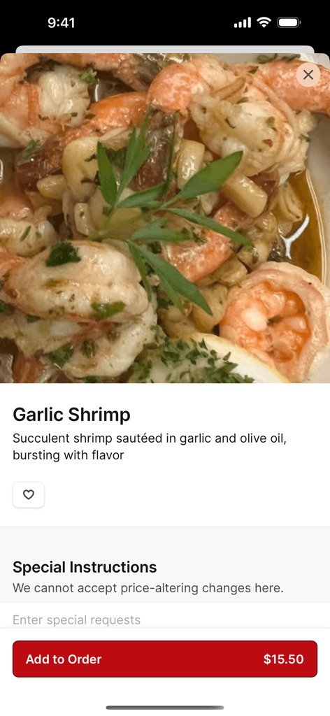 Pantalla de la aplicación móvil Sugo que muestra el artículo del menú Gambas al Ajillo con descripción y precio