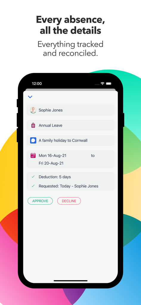 Timetastic - Timetastic app interface showing a leave request for Sophie Jones with options to approve or decline