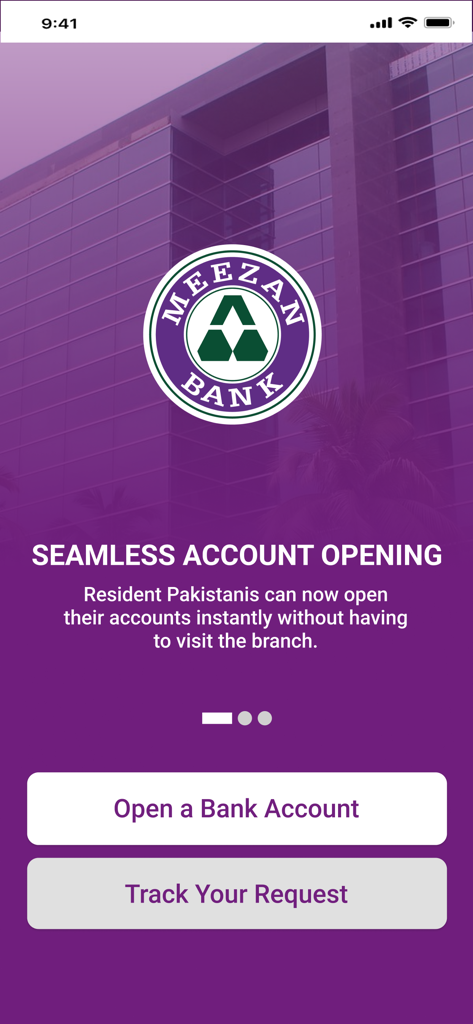 Meezan Digital Account Opening - Schermata di benvenuto dell'app Meezan Digital Account Opening per un banking mobile senza interruzioni