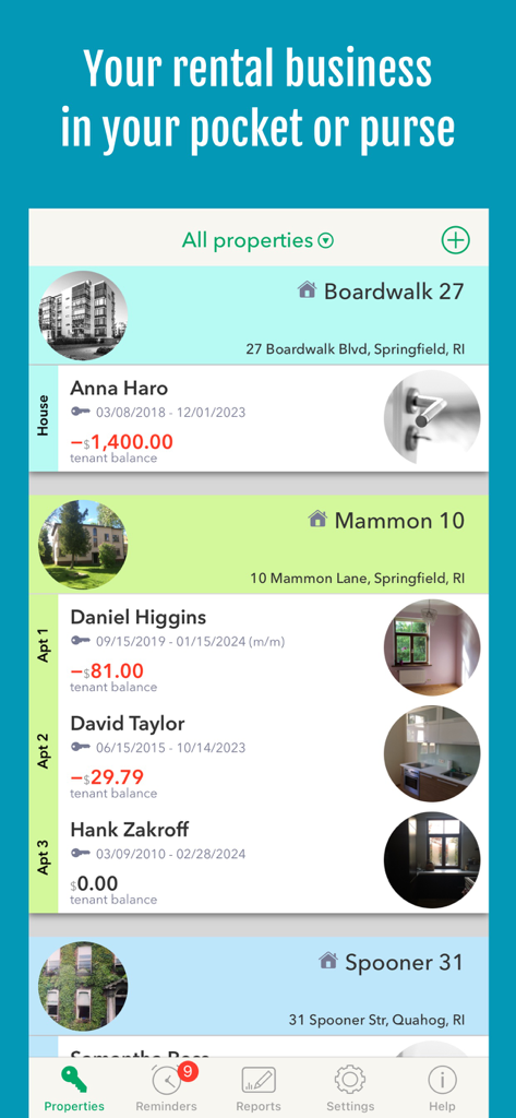 Landlordy App-Dashboard mit einer Liste verwalteter Immobilien mit Mietername und Mietrestbeträgen.