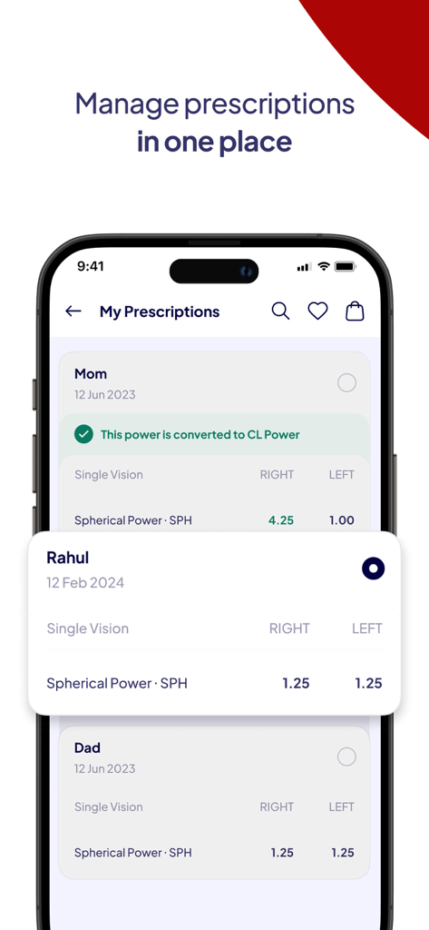 Lenskart: Eyewear - Capture d'écran de l'application Lenskart montrant la fonctionnalité de gestion des ordonnances familiales avec des profils individuels pour maman Rahul et papa