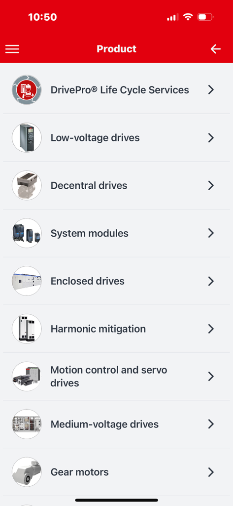 Liste der industriellen Produktkategorien in der Danfoss MyDrive Portfolio App