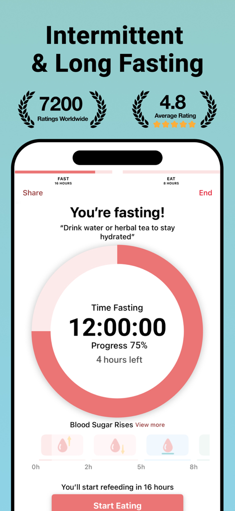 Interfaz de la aplicación Suavita que muestra un temporizador de ayuno intermitente con una barra de progreso circular y un indicador de estado metabólico