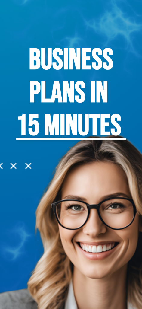 AI Business Plan Generator -KI - Smiling professional woman with text highlighting business plans in 15 minutes