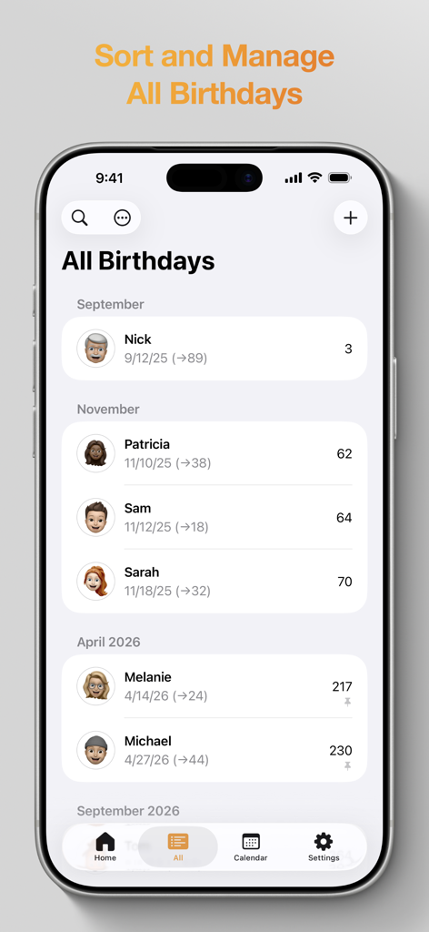 Birthdays: Birthday App - App interface showing a list of birthdays sorted by month with names and Memoji avatars.