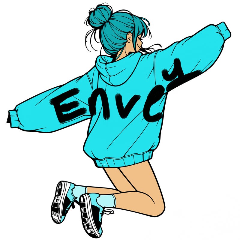 realistic girl jumping with a bun and oversized sweatshirt