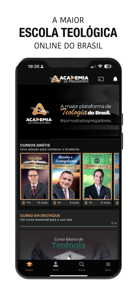 Academia de Pregadores - Página de inicio de la aplicación Academia de Pregadores que muestra cursos de teología en línea en portugués