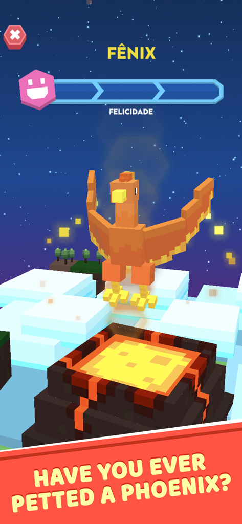 Idle Star Zoo: Universe Tycoon - Un animal mítico Fénix de arte voxel parado en un hábitat volcánico en Idle Star Zoo.