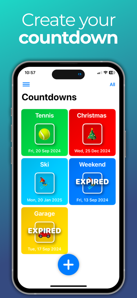 Countdown : days counter - Interface of Countdown days counter app showing a list of colorful event cards with icons and dates for tennis, christmas, and skiing