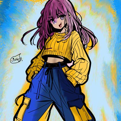 anime teen girl with baggy pants and crop top with sweater