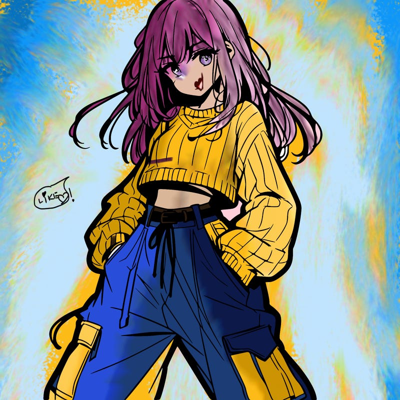 anime teen girl with baggy pants and crop top with sweater