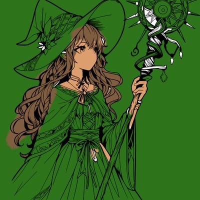 a realistic fantasy manga witch with a staff