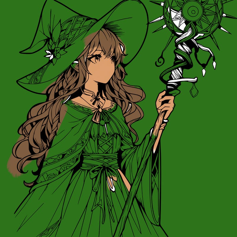 a realistic fantasy manga witch with a staff