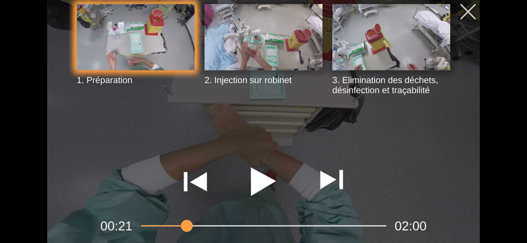 Keyros Medica (Ex Revinax) - First person view of a medical procedure tutorial with interactive playback controls in the Keyros Medica app