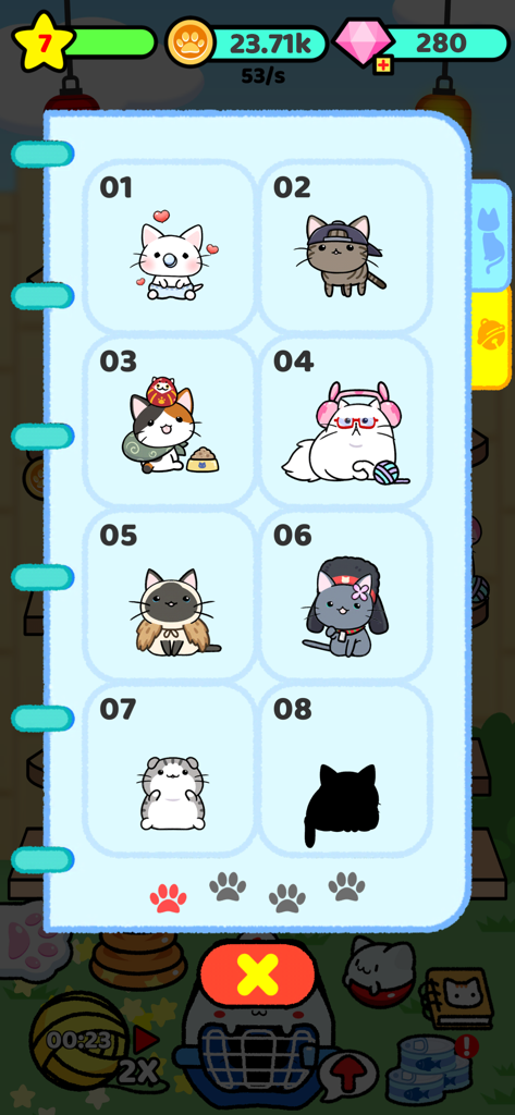 Cat Condo 2 - A collection menu in Cat Condo 2 showing a variety of cute cats wearing accessories like hats and headphones.