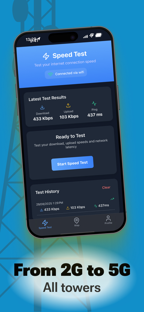 Cellular Tower － Finder Signal - ダウンロードとアップロードの結果を含むスピードテスト機能を示すセルラートーファインダーアプリのインターフェイス