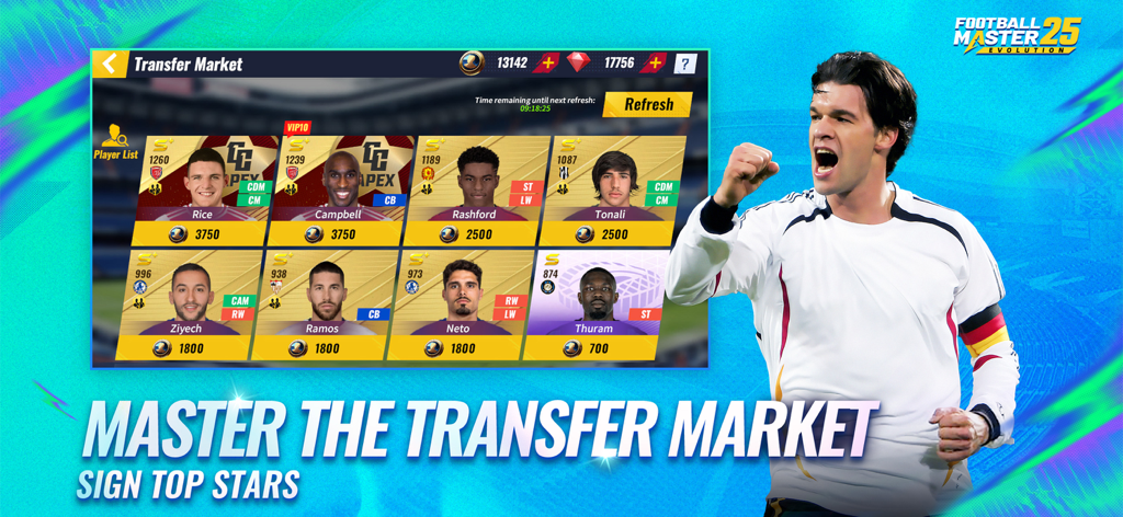 Football Master 2-Soccer Star - Interfaz del mercado de transferencias en Football Master 2 mostrando tarjetas de jugadores para fichar a las mejores estrellas