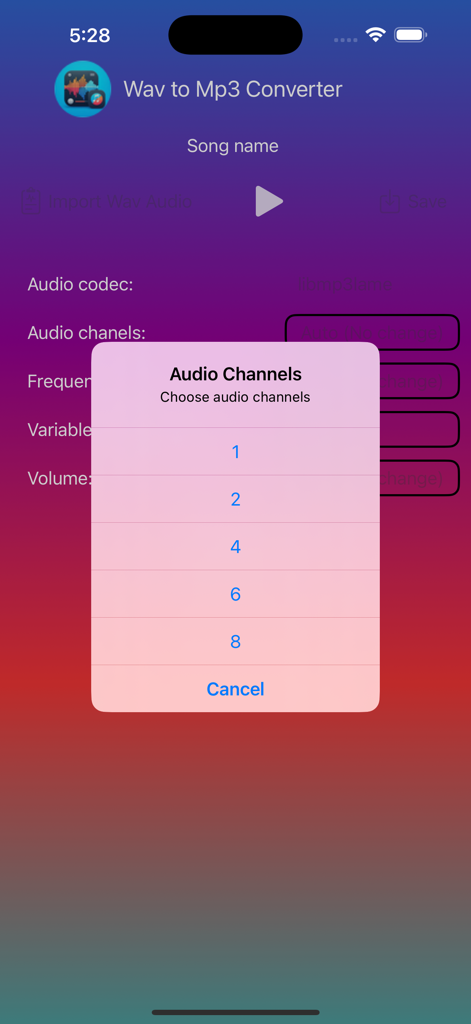 Audio channels selection menu in the WAV to MP3 Converter app with options from 1 to 8 channels