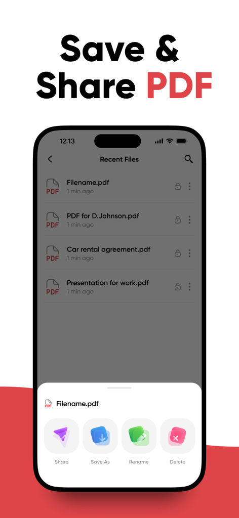 JPG to PDF | Photos to PDF - Tela do aplicativo móvel exibindo uma lista de arquivos PDF recentes com opções para compartilhar, salvar como, renomear e excluir