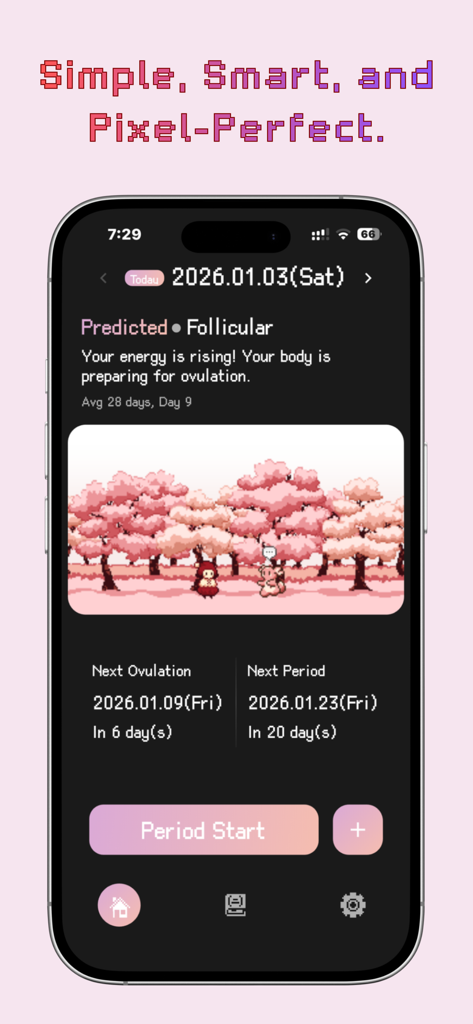 P Forest period tracker dashboard featuring a pink pixel art forest and menstrual cycle predictions