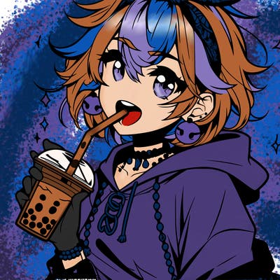 hot baddie anime girl drinking boba and biting the straw